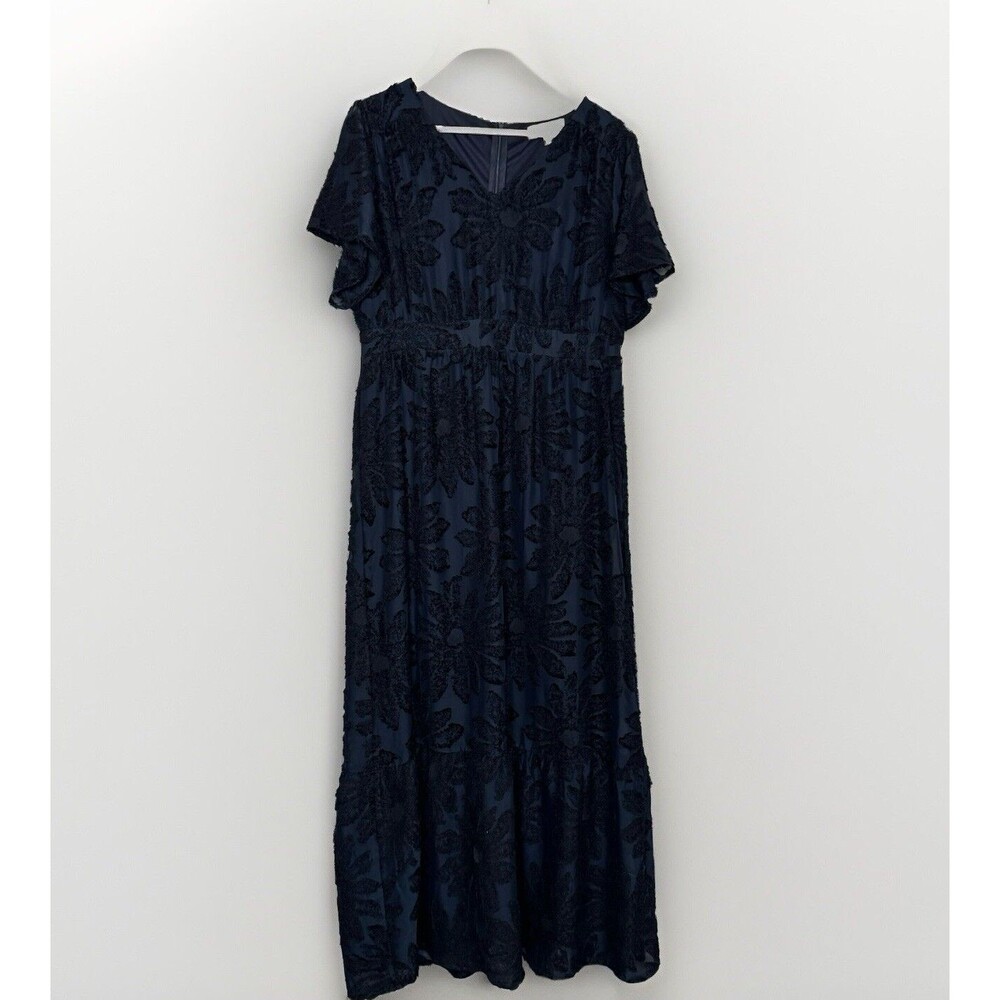 Piper Scoot Dress Women L Black Blue Floral 3D Lace Maxi Modest Tiered Romantic